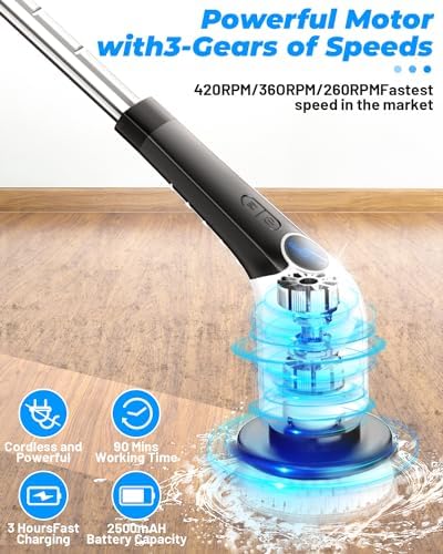 Electric Spin Scrubber,Bathroom Cleaning Brush,Shower Scrubber with Long Handle 8 Replaceable Brush Heads Voice Broadcast 3 Rotating Speeds,Tub Scrubber,Cordless Power Cleaning Brushes Floor Tile