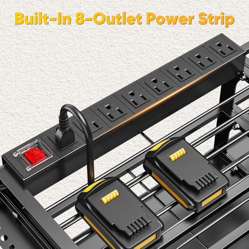 POKIPO Power Tool Organizer Wall Mount with Charging Station, 4 Tier Tool Battery Storage Rack Built in 8 Outlet Power Strip for Garage, 49" W, Black