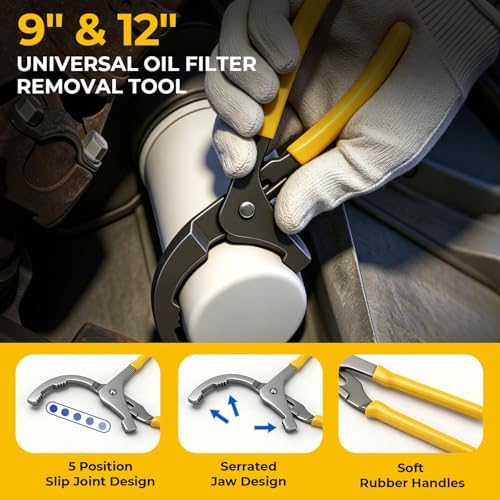 KELIN Oil Filter Wrench Set 8PCS, 9"&12" Oil Filter Pliers | 4 Swivel Band Wrenches (2-3/4" to 5-1/4") | 3-Jaw Universal Adapter for 3/8" 1/2" Ratchet, Oil Filter Removal Tool for Car Truck SUV ATV