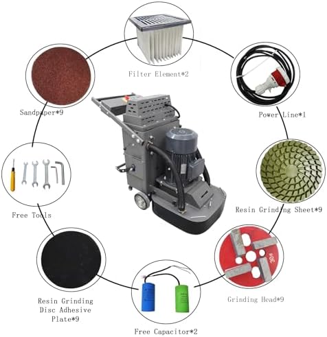 Concrete Floor Grinder Machine Cement Ground Grinder with 9 Grinding Disc 40L Vacuum Dust Collector Expoxy Floor Grinding Polishing Machine 220V 7.5kw Two Fans