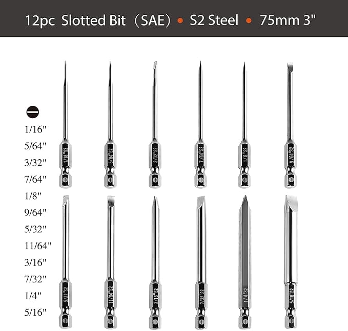 Dandeeler 12 Piece Flat Head Drill Bit Set Slotted Bits SAE 3" Long, S2 Steel, with Tool Bag
