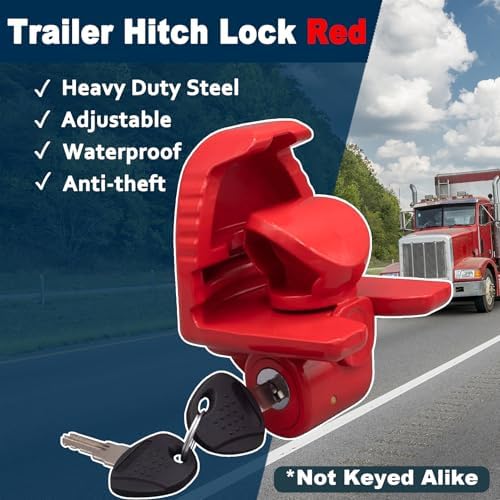 Trailer Hitch Lock 2 Pack-Keyed Alike for 1-7/8", 2", 2-5/16" Couplers, Red