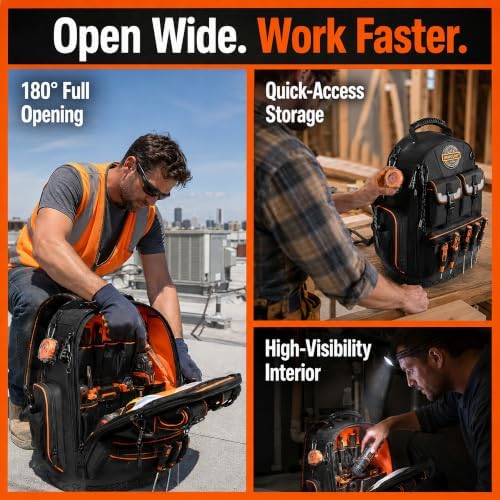LOKASS Tool Backpack Heavy Duty, 2 Tool Pouches, 56 Pockets, Molded Bottom