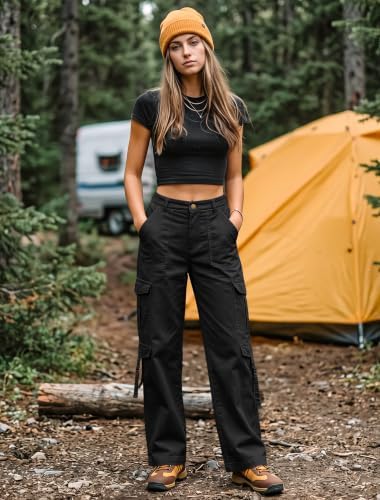 Eddoyee Cargo Pants for Women Elastic High Waisted Wide Leg Hiking Pants