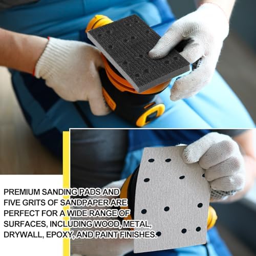 100 Pack 80 x 133 mm Rectangular Abrasive Sanding Sheet Bulk Set P80 120 150 180 220 Grit with 4 Soft Black Foam Sanding Pad Sandpaper for Sheet Sanders Compatible with Festool Rs400 Ls130