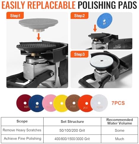 VEVOR Wet Polisher 800W, 4" Concrete Grinder with 6 Variable Speed and 7 Polishing Kits, Wet Grinder Machine for Marble, Granite, Stone, Rock, Tile, Equipped with a GFCI Switch, (700-3000 RPM)