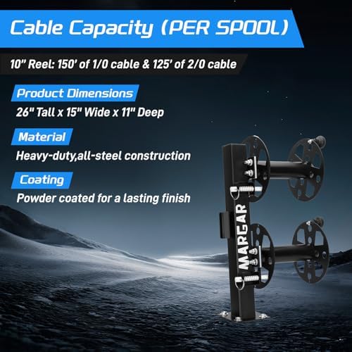 Heavy Duty Double Welding Cable Lead Reel, 10°Tilting Fixed Base, Accommodates 150 Feet of 1/0 and 125 Feet of 2/0 Cable (10" Reel)