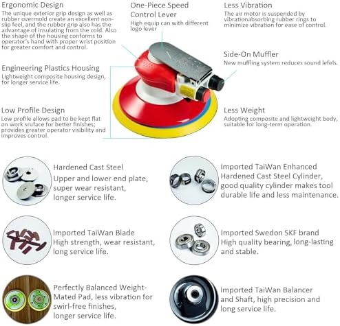 Professional Random Orbital Air Sander 6" Pneumatic Palm Sander DA Sander, Low Noise Reduction, 12000 RPM, Hook & Loop, for Auto Body, Car Detailing, Wood, Metal Polishing & Buffing