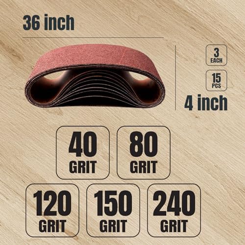 POWERTEC 15PK 4x36 Sanding Belts, 3 Each of 40/80/120/150/240 Grits Aluminum Oxide, 4 x 36 Inch Sanding Belts for Benchtop Belt and Disc Sander, Belt Sandpaper for Woodworking, Metalworking (11011-5)