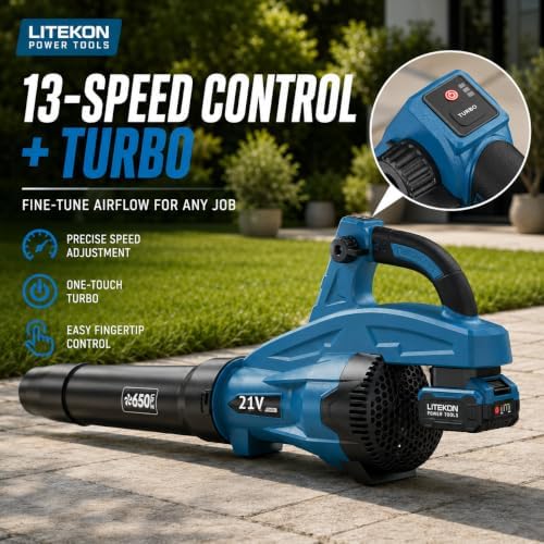 LITEKON Leaf Blower Cordless, 650CFM & 13 Speed Modes, Brushless Electric Cordless Leaf Blowers with 2 x 5.0Ah Batteries and Charger, 21V Powerful Blowers for Lawn Care, Blowing Leaves, Dust, Blue