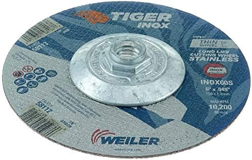 Weiler 58113 6 Inch Cutting Wheel, Tiger INOX Stainless Steel Contaminant-Free High Performance Cutting, .045" INOX60S Type 27 5/8"-11 Hub, Pack of 10