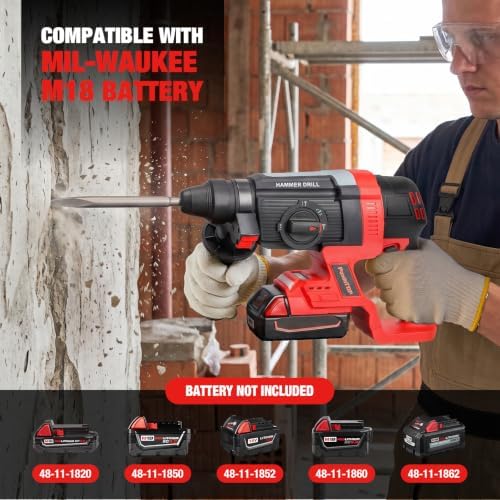 SDS Plus Cordless Rotary Hammer Drill for Milwaukee M18 Battery, Hammer Drill 18v Brushless for Concrete/Masonry/Wood/Metal, Rotomartillo, 4 Functions, 5 Drills with Gloves (Battery Not Included)