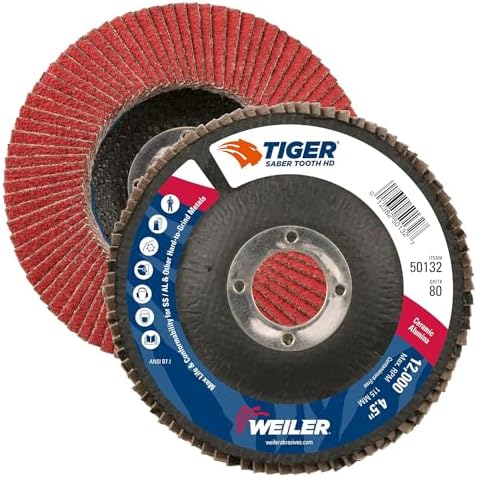 Weiler 50132 Saber Tooth 7/8" Arbor, 4-1/2" Diameter, 80 Grit, Ceramic, Phenolic Backing, Flat High Density Abrasive Flap Disc (Pack of 10)