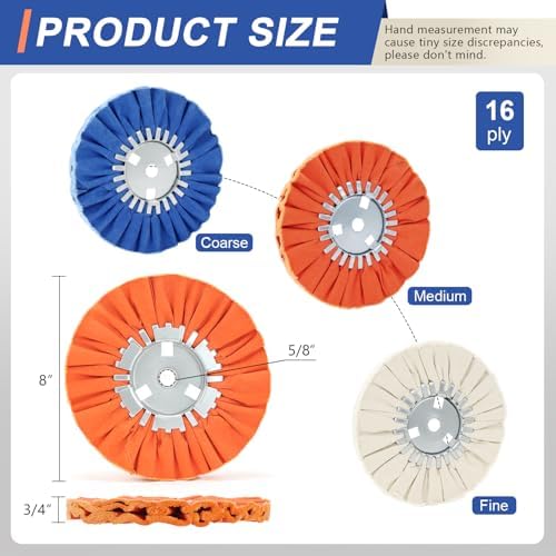 Airway Buffing Wheel Kit 8in Extra Thick 16Ply, 5/8in Arbor Hole Aluminum Wheel Polishing kit 3pcs (1* Coarse & 1*Medium & 1*Fine) for Angle Grinder Metal Automotive Body Rim Polishing