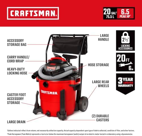 CRAFTSMAN CMXEVBE17656 20 Gallon 6.5 Peak HP Wet Dry Shop Vacuum with Cart