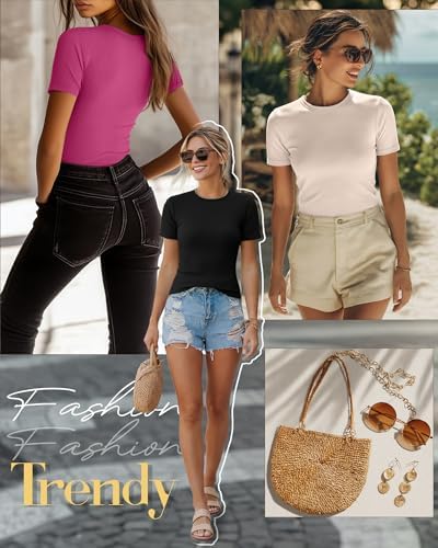 Ficerd 3 Pack Women's Ribbed Short Sleeve T-Shirts