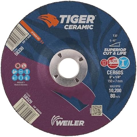Weiler 58329 6 x 1/4 Tiger Ceramic Type 27 Grinding Wheel CER24R 7/8 A.H (Pack of 10)