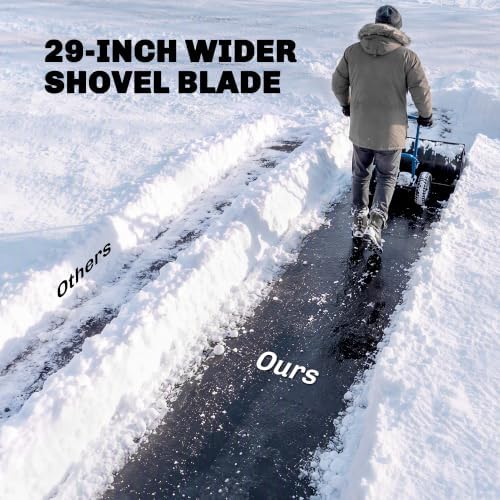 Outsunny Snow Shovel with Wheels, 29" x 18" Metal Snow Pusher, Blue