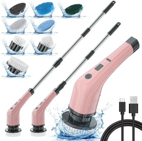 APLUSH Electric Spin Scrubber,Cordless Shower Cleaning Brush with 7 Replaceable Brush Heads, Adjustable 2 Speeds Extension Handle Power Cleaning Brush for Tub Tile Floor Car,Pink