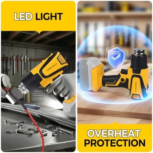 Cordless Heat Gun Compatible with Dewalt 20V Battery,Adjustable Temp 120℉–1110℉,LED Light,Portable Hot Air Gun LCD Digital Display & 4 Nozzles For Shrink Tubing (Tool Only, Not Made by Dewalt)