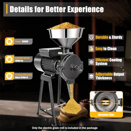 Electric Mill Grinder, 1500W Grain Milling Machine, 110V1400r/m Commercial 9.64Inch Stud Length 5.9Inches Cast Steel Abrasive Disc Dry Items Grinding w/Stainless Steel Funnel, Capacitor Box, Black
