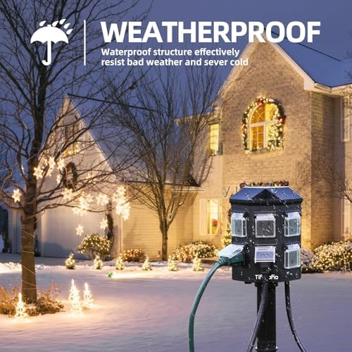 TiFFCOFiO Outdoor Power Strip Weatherproof, 25 FT Extension Cord with Stake, 6 Grounded Outlets for Christmas Yard Decorations and Inflatables, 15A/1875W, ETL Listed (Pack of 2)