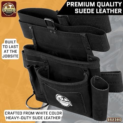 Graintex 5 Pocket Suede Leather Tool Belt/Bag, Multipurpose Leather Tool Belt for Women and Men, Ideal for Construction, Electrician, Handymen, Carpenter, Gardening Pouch & DIY Projects