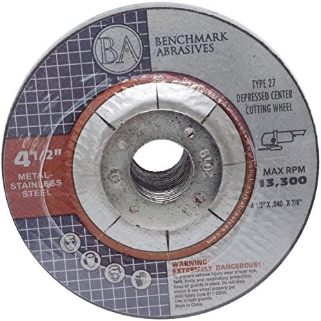 Benchmark Abrasives Grinder Cut Off Wheels 4 1/2 Inch Aluminum Oxide Depressed Center Thin Type 27 for Metals, .040" Thick 7/8" Arbor, Angle Grinder Cutting Disc, Grinding Cutting Wheel - 50 Pack