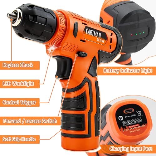 CARTMAN 150PCS 8V Cordless Drill Hand Tool Set, Orange Household Repair Kit