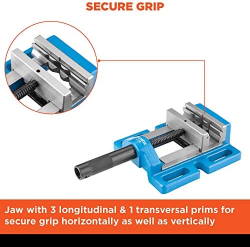 Groz Unigrip Drill Press Vise, 4" Jaw Width, Cast Iron with Precision-Ground Base and Bed, Round Stock Prisms, 3-5/8" Jaw Opening, Bench Drill and Drill Press Workholding (35121)