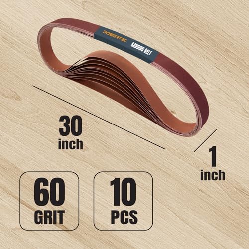 POWERTEC 1x30 Sanding Belts, 10PK, 60 Grit Aluminum Oxide 1 x 30 inch Sanding Belts for Belt Grinder, Belt and Disc Sander, Knife Sharpening, Woodworking, Metalworking (111280)