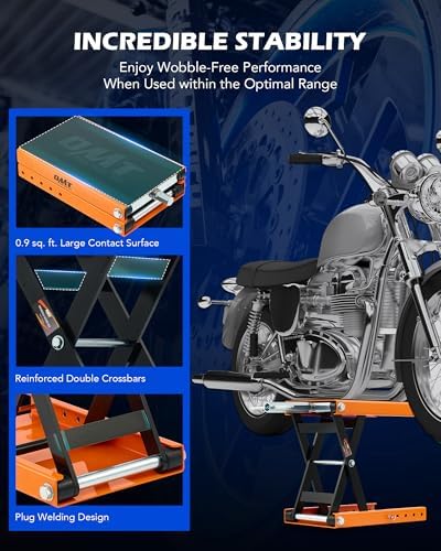 OMT Motorcycle Lift, 1100lb Crank Hoist Stand with T Handle, 3/8" Socket | Orange Scissor Lift Jack; Center Stand With Wide Deck; Chain Brush Included; Ideal For ATV, Dirt Bike, Cruiser Maintenance