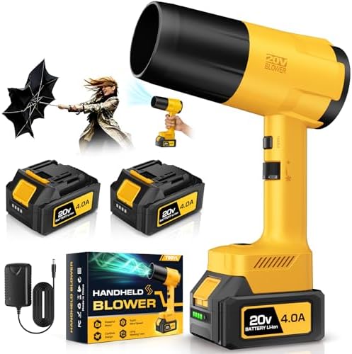 Leaf Blower Cordless, Handheld Leaf Blower with 2 X 4.0Ah Battery and Charger, Snow Blower with 6 Speed Modes, Lightweight Blowers for Lawn Care, Patio, Yard, Blowing Snow, Leaves, Dust-Yellow