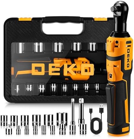 DEKOPRO Cordless Electric Ratchet Wrench Set 3/8" 450RPM Power Ratchet Tool Kit, 19Pcs Cordless Ratchets Wrench Set with Variable Speed,14 Sockets,3/8" to1/4 Adapter,2 Extension Bars, Charging Line
