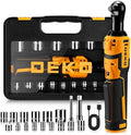 DEKOPRO Cordless Electric Ratchet Wrench Set 3/8" 450RPM Power Ratchet Tool Kit, 19Pcs Cordless Ratchets Wrench Set with Variable Speed,14 Sockets,3/8" to1/4 Adapter,2 Extension Bars, Charging Line