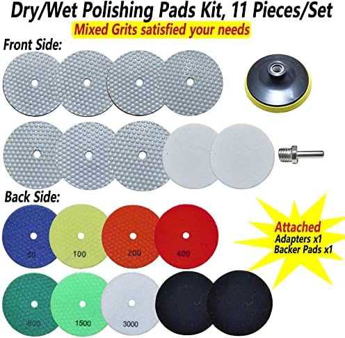6 Inch Dry Diamond Polishing Pads, 11PCS Wet/Dry Granite Stone Buffing Pad Kit for Marble Concrete Quartz Tiles - High Temperature Resistance Sand Disc for Drill Grinder Polisher