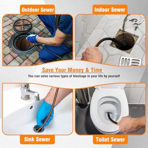 100FT Sewer Jetter Kit for Pressure Washer, 1/4" NPT Corner Drain Cleaner Hose 5800 PSI with Sewer Jetting Nozzles, Pearl Corsage Pin, Waterproof Tape, Extension Cord Organizer&2 Spanner