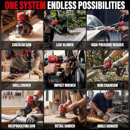 TEENO Power Tool Combo Kit Brushless, 9-in-1 Cordless Interchangeable Multi-Tool Set (Drill, Impact, Grinder, Sander, Circular, Chain & Reciprocating Saws, Blower, Washer), 2x 4.0Ah Batteries 20V Max