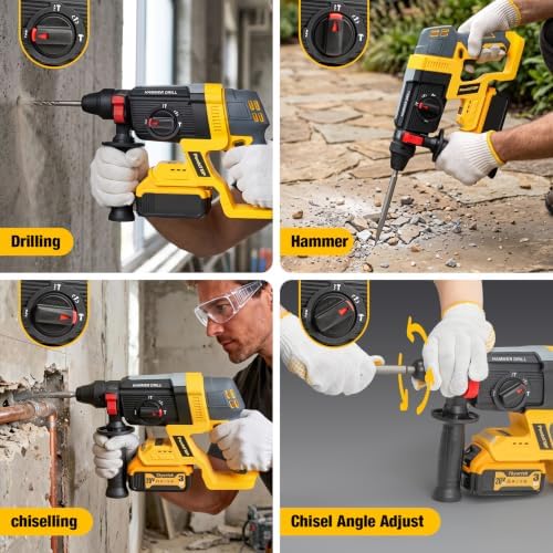 SDS Plus Cordless Rotary Hammer Drill for De-walt 20v Max Battery, Hammer Drill 20v Brushless for Concrete/Masonry/Wood/Metal, Rotomartillo, 4 Functions, 5 Drills with Gloves (Battery Not Included)