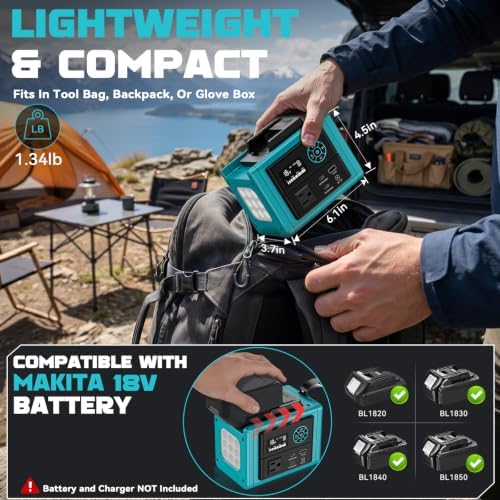 Ecarke 350W Power Inverter Compatible with Makita 18V Battery (Tool Only), DC to AC 110V Power Station: 2x70W USB-C Fast Charger, AC, USB-A, 12V DC, 800lm LED & Display – Camping, Job Site, Emergency