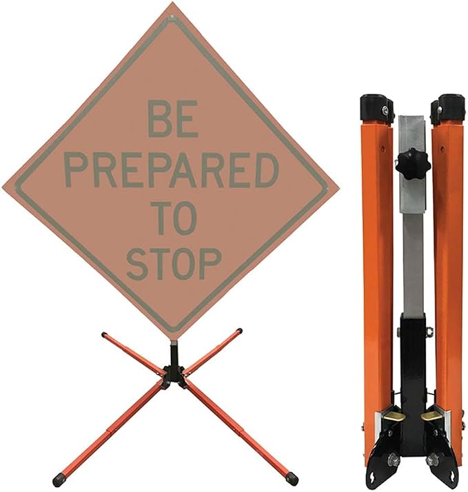 Plasticade Watchdog Orange Powder-Coated Steel Compact Springless Stand for 36" & 48" Roll-Up Signs, Extendable Galvanized Legs, Non-Skid Rubber Feet, Sandbag Hook, Flag Holder, and Extendable Mast