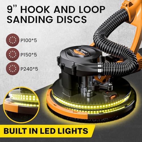 Drywall Sander, 1050W 7.2A Popcorn Ceiling Removal Tool, Automatic Drywall Sander with Vacuum Dust Collector, 7 Variable Speed 1000-2100RPM, 15Pcs Sanding Discs(Yellow)