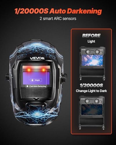 VEVOR Welding Helmet Auto Darkening, 3.66" x 1.69" True Color Welding Hood, Solar Powered Welder Mask 2 Arc Sensors, Shade 4/9-13 for TIG MIG ARC Weld Grinding - CRIUS Series (Blue Lightning Pattern)