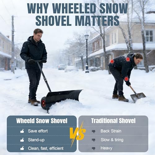 29" Push Snow Shovel with Wheels for Driveway, Heavy Duty Metal Wheeled Snow Pusher Hand Plow with Adjustable Angle & Height Ergonomic Handle for Snow Removable, 29"x14" Blade