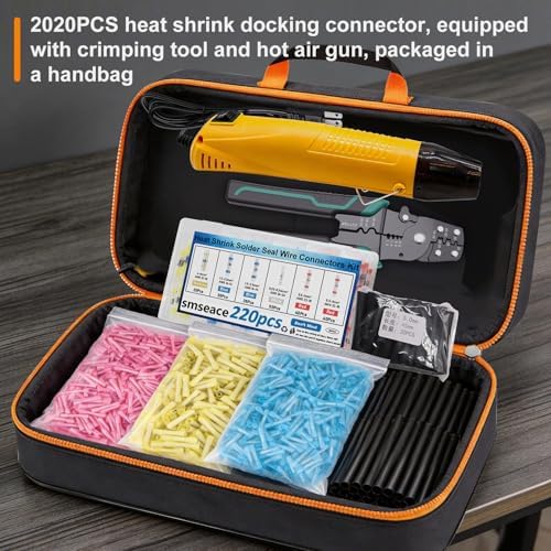 smseace 2020Pcs Heat Shrink Butt Connector,Solder Seal Wire Connectors Kit,Heat Gun and Crimping Tool Pack in Exquisite handbag 22-10AWG Waterproof Electrical Wire Crimp Connectors