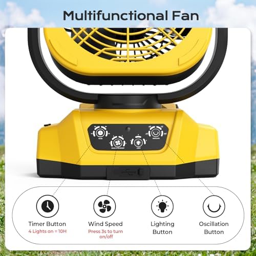Battery Operated Fan for Dewalt 20V Max battery, Camping Fan with USB A/C & LED Lights, 4 Speeds & Remote Control, Portable/Cordless/Battery Powered fan, for Outside, Jobsite (Battery Not Included)