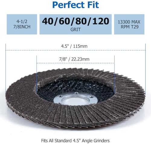 40 Pack 4.5" x 7/8" Premium Calcined Alumina Flap Disc, 40 60 80 120 Grit Type 29, 4 1/2 for Angle Grinder, Flap Sanding Disc for Stainless Steel, Metal, Wood