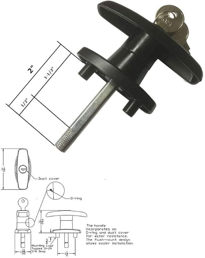 Bauer T-323T Package Matching T-Handles Lock Set | Shaft 2 Inch Total Length, 1/2" Thread on end | Keyed K-127