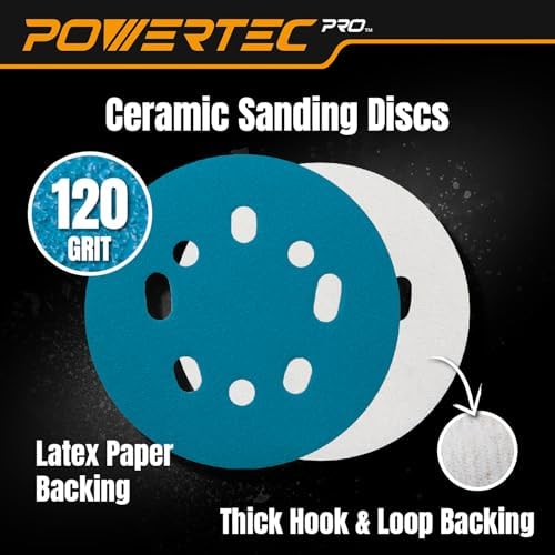 POWERTEC PRO 100PK, 5 Inch Sanding Discs Hook and Loop, 120 Grit, Ceramic Orbital Sander Sandpaper for 5 & 8 Hole Random Orbital Sanders - Automotive, Paint, Metal, Woodworking (45312C-50-P2)