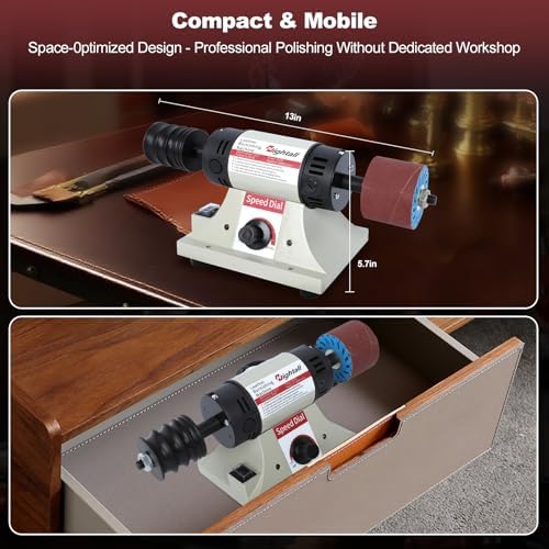 Leather Burnishing Machine, 1750-8500 RPM Variable Speed, 350W Electric Polishing Tool with Sanding Drum and Rosewood Grinding Head,12 Pcs Sanding Sleeves (80/120/240 Grit) & Mahogany Polishing Wheel